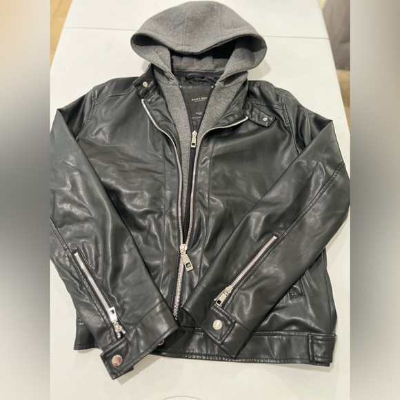 ZARA MAN Double Zipper Faux Leather Jacket Removable Hoodie - Picture 8 of 10